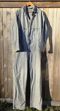 Vintage Key Coveralls Herringbone Blue Twill Made In USA TALON Zipper 40 LONG